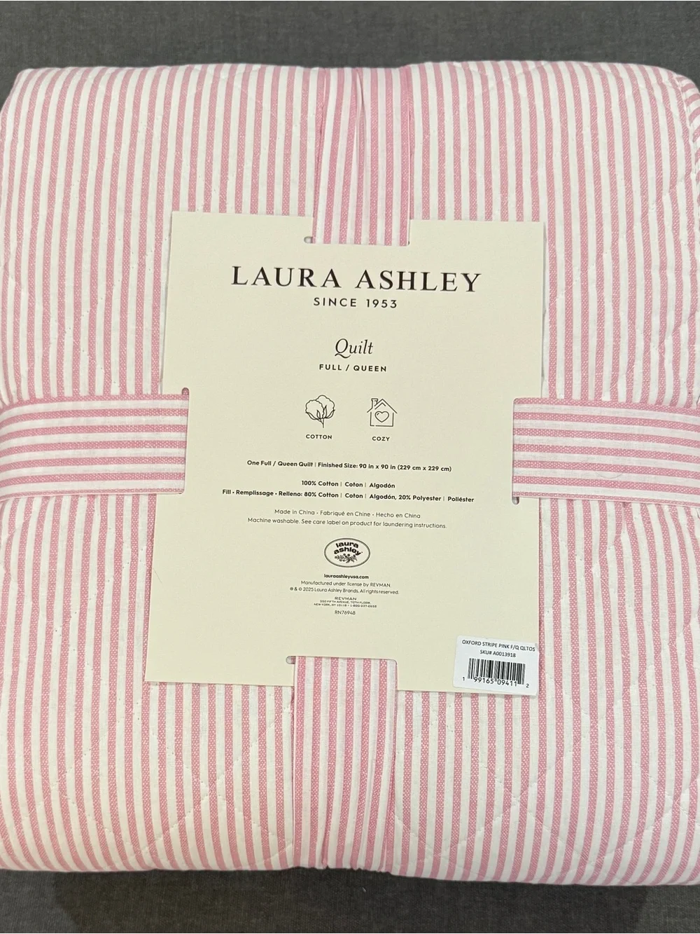 Laura Ashley Pink and White Striped Full/Queen Quilt